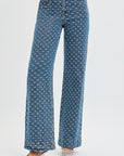 Dark High Rise Wide Leg Bow Embroidered Jeans