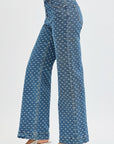 Dark High Rise Wide Leg Bow Embroidered Jeans