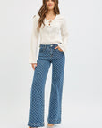 Dark High Rise Wide Leg Bow Embroidered Jeans