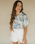 Emerson Everblooming Placket Shirred Sleeve Band Top