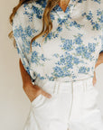 Emerson Everblooming Placket Shirred Sleeve Band Top