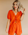 Red Leave It Embroidered Shorts