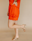 Red Leave It Embroidered Shorts
