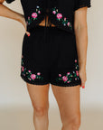 Black Floral Embroidery Bae Shorts