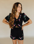 Black Floral Embroidery Bae Shorts